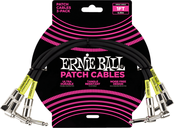 Ernie Ball Cables Instrument Patch Pack de 3 - Coudé - 30CM Noir