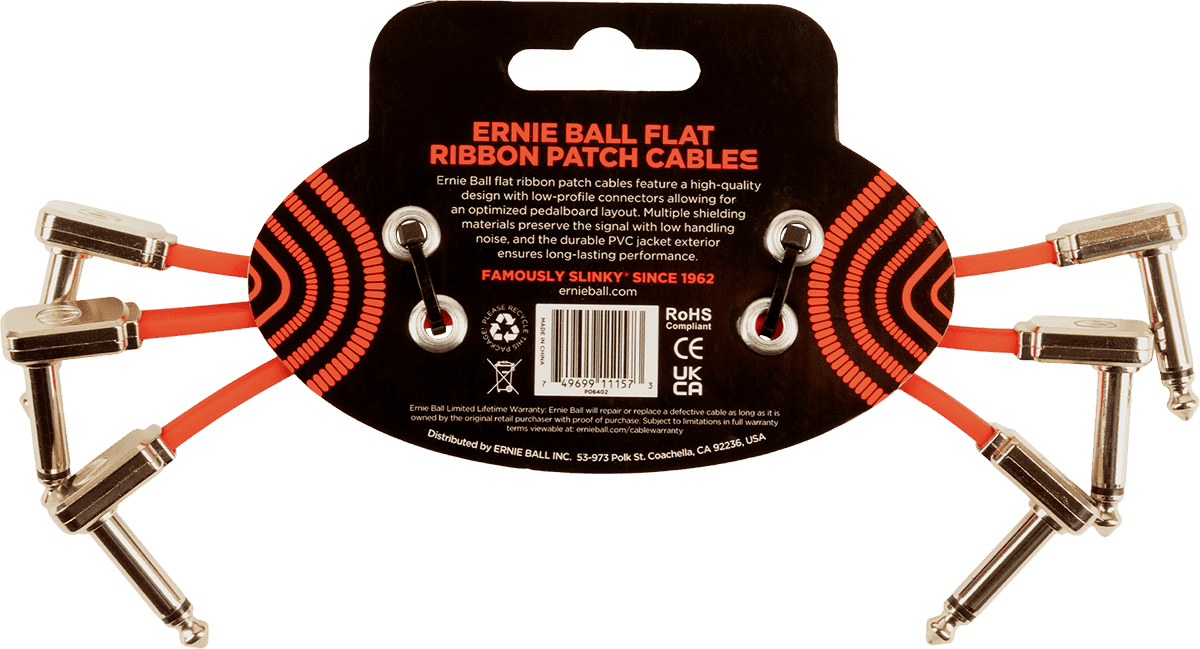 Cables Instrument Patch Pack de 3 - Coude Fin & Plat - 15 CM - Rouge