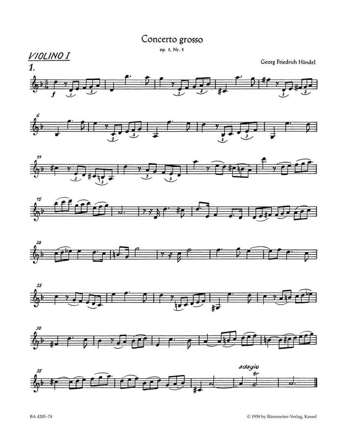 Haendel G. F. - Concerto Grosso HWV 316 Op. 3/5 En Ré Mineur - Violon 1