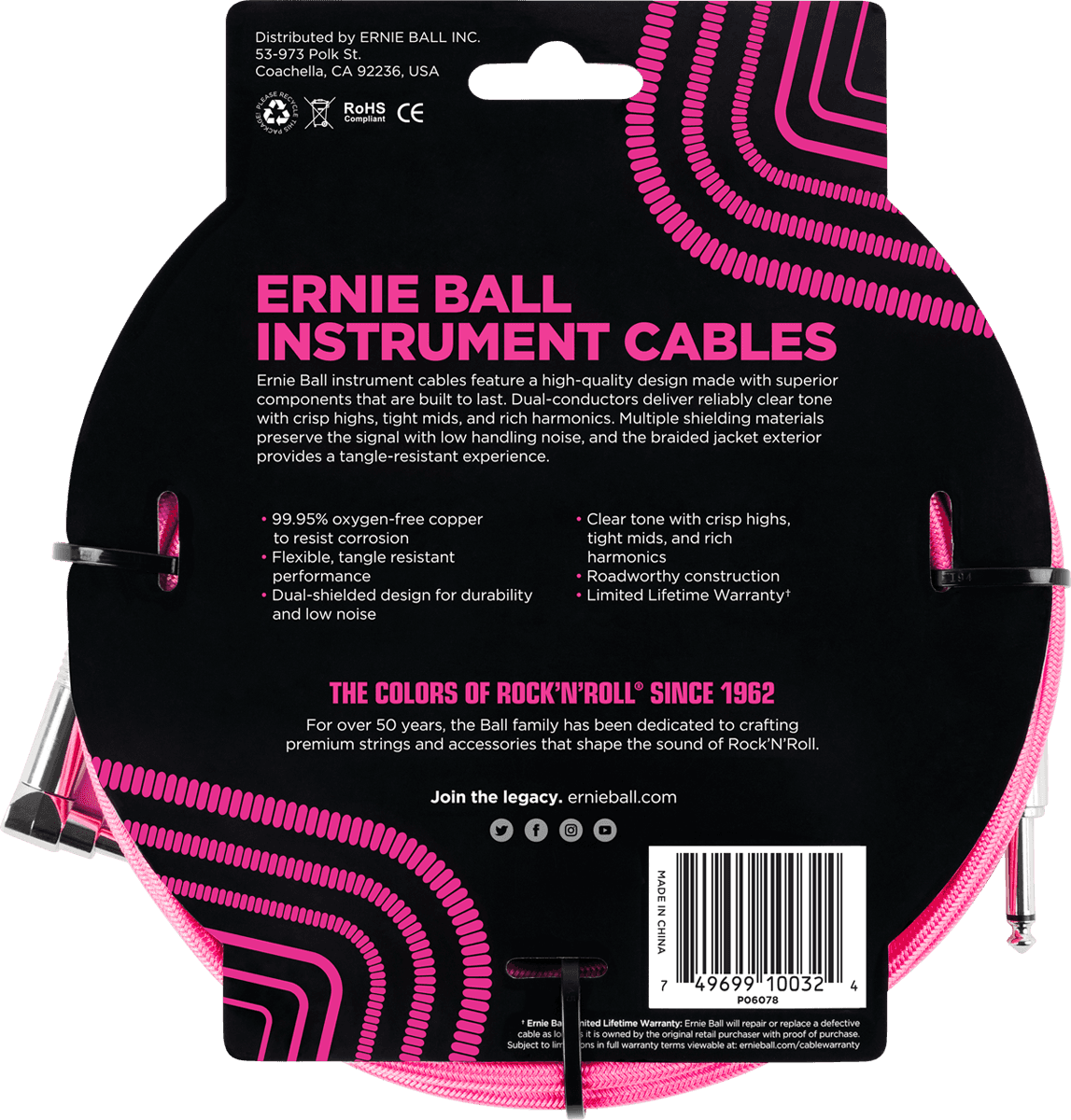 Cables Instrument Gaine Tisse Jack/jack Coudé 3M Rose Fluo
