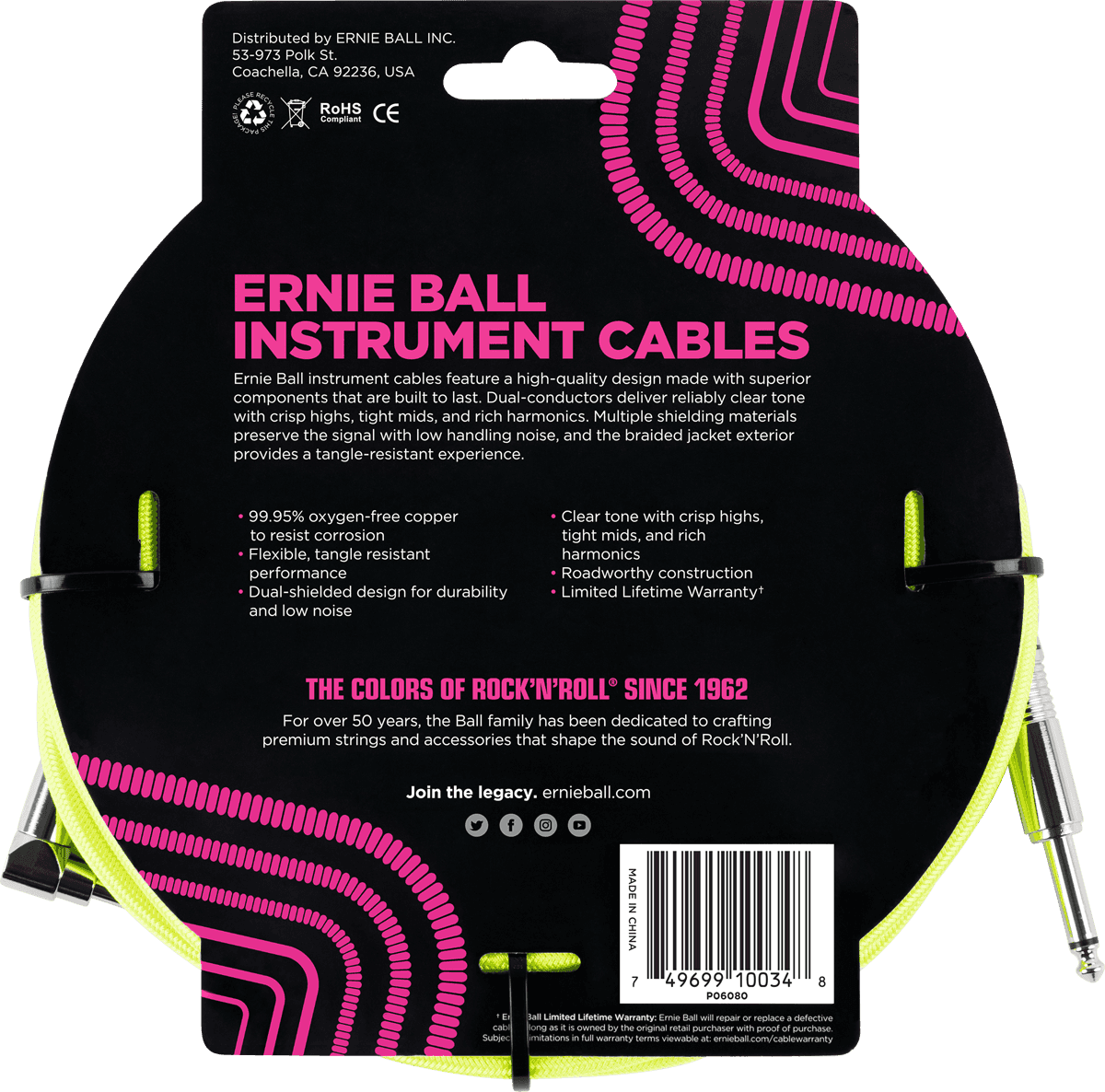 Cables Instrument Gaine Tisse Jack/jack Coudé 3M Jaune Fluo