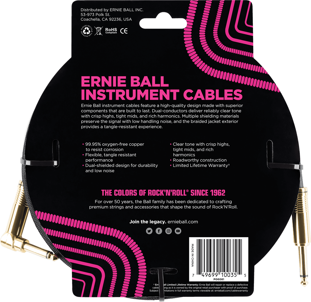 Cables Instrument Gaine Tisse Jack/jack Coudé 3M Noir