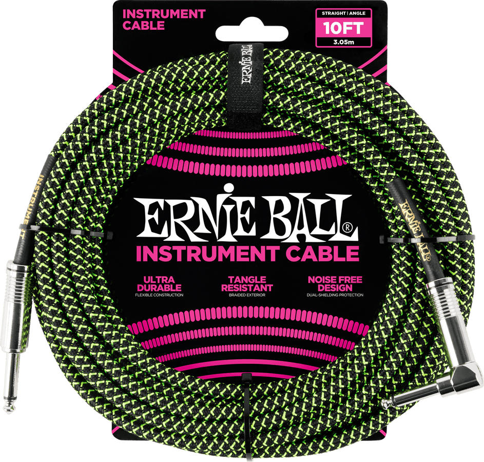 Cables Instrument Gaine Tisse Jack/jack Coudé 3M Noir/vert