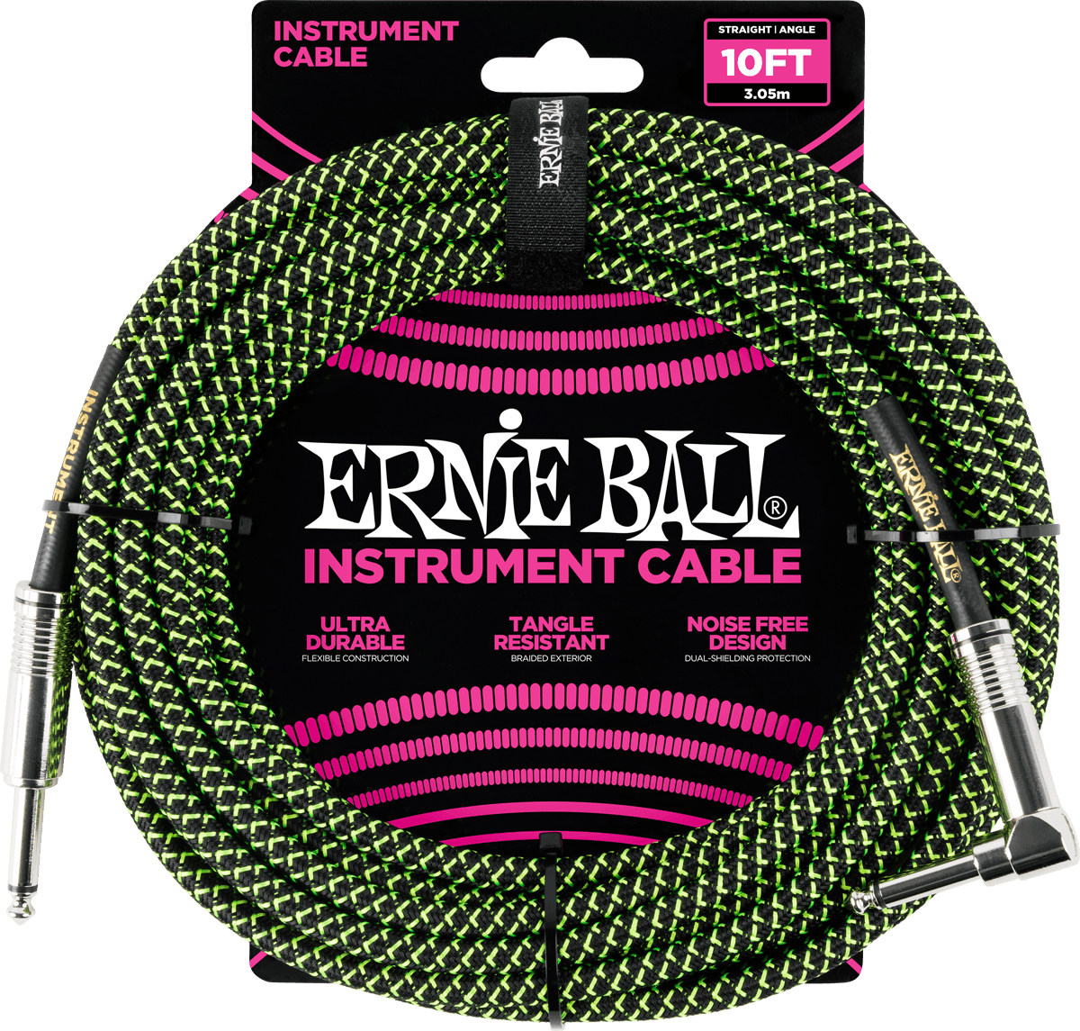 Cables Instrument Gaine Tisse Jack/jack Coudé 3M Noir/vert