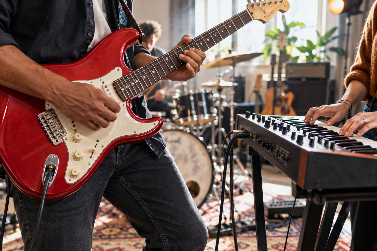 Musiciens jouant de la guitare et du clavier